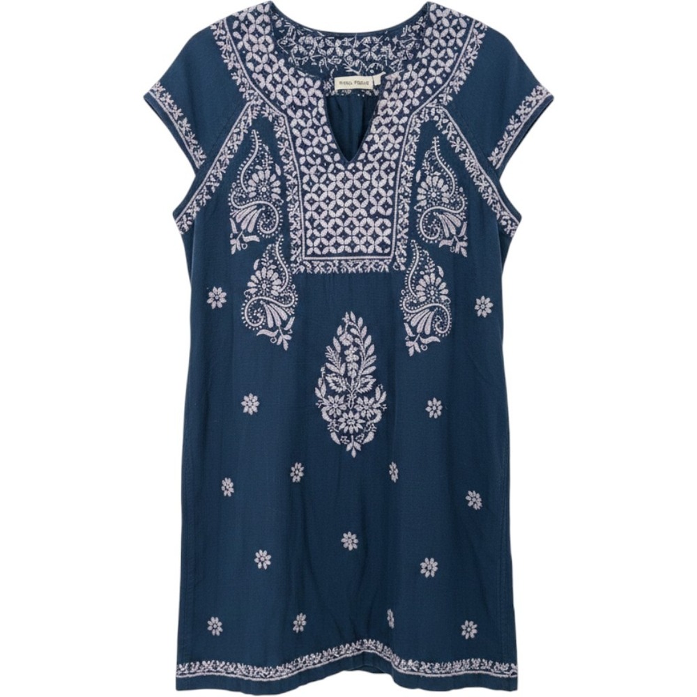 Roller Rabbit Embroidered Tunic Dress Women Small Blue Cotton V-Neck Cap Sleeve - Picture 1 of 7